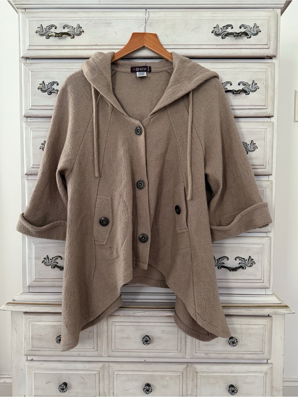 XCVI Taupe Hooded Button Front sweater jacket
